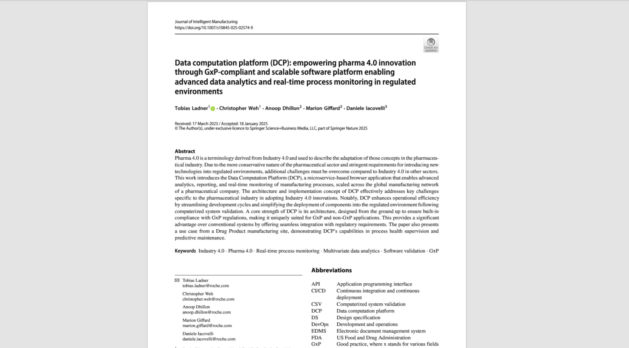 DCP Paper in Journal of Intelligent Manufacturing